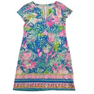 Lilly Pulitzer Shift Dress Coral Reef Print V Neck Short Sleeve Women's Medium